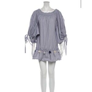 Misa Los Angeles Off the Shoulder Mini Dress. Blue w/ Tassels. Long Sleeve. Sz S